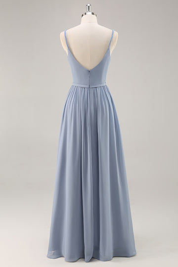 Dusty Blue Chiffon Ruched Long Bridesmaid Dress with Slit